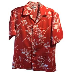 Malihini Vintage Mens M Red Floral Short Sleeve Button Down Rayon Hawaiian Shirt